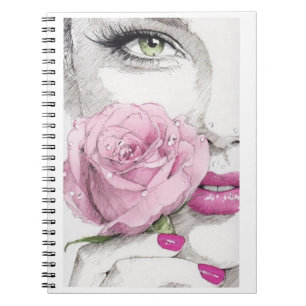 Rosa Dame mit rosa Rosennotizbuch Notizblock