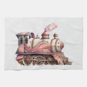 Rosa Dampflokomotive im Vintage-Steampunk-Stil Geschirrtuch