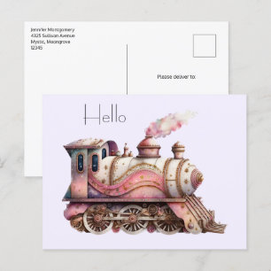 Rosa Dampflokomotive im Vintage-Steampunk-Stil Postkarte