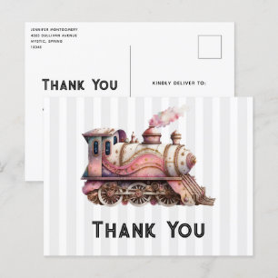 Rosa Dampflokomotive Vintage Steampunk Danke Postkarte