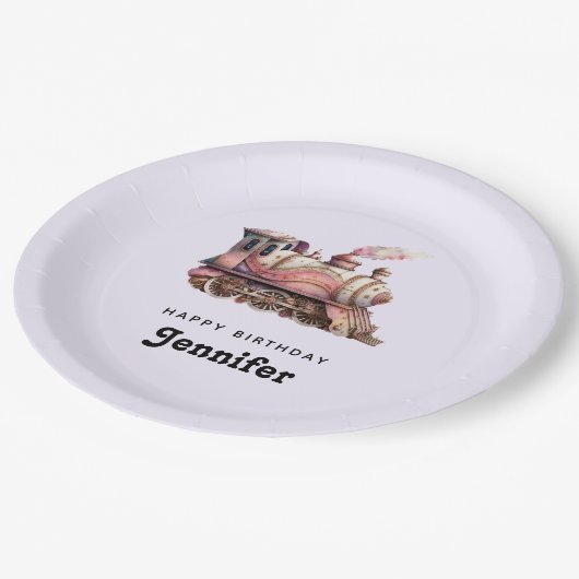 Rosa Dampfzug Vintag Geburtstag Pappteller (Schrägansicht)