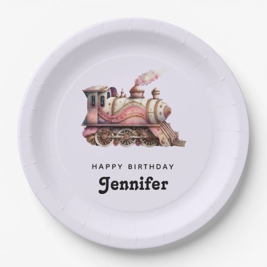 Rosa Dampfzug Vintag Geburtstag Pappteller (Vorderseite)