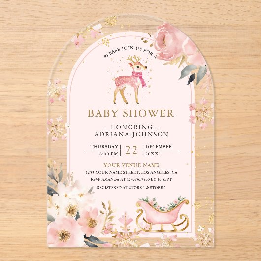 Rosa Deer Winter Wonderland Arch Baby Dusche Acryleinladungen (Vorderseite)