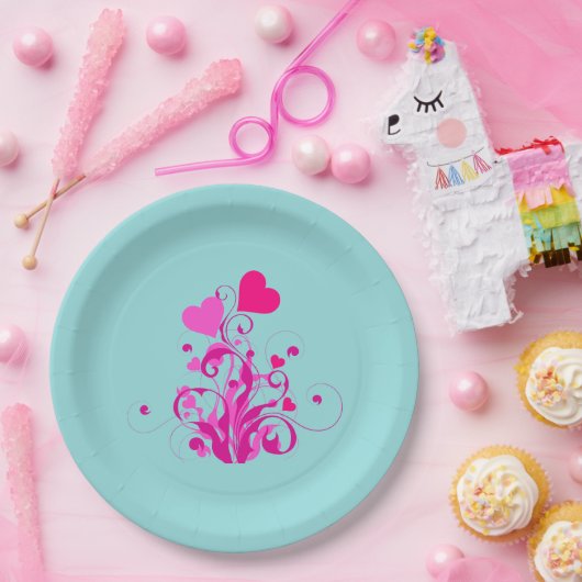 Rosa dekorative Herzen mit Wirbel und Curls Pappteller (Party)