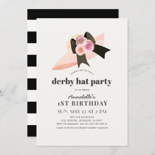 Rosa Derby Hat Rose 1. Geburtstag Party Einladung