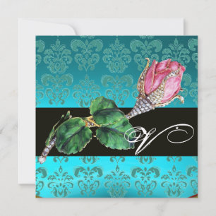 ROSA DIAMANT-OHRRING , BLAUER DAMAST MONOGRAMM EINLADUNG