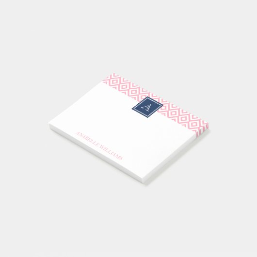 rosa Diamanten-Muster und Navy-Monogramm Post-it Klebezettel (angewinkelt)
