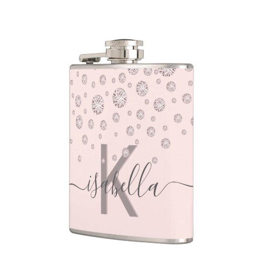 Rosa Diamanten Rose Gold Monogramm-Skript Flachmann (Links)