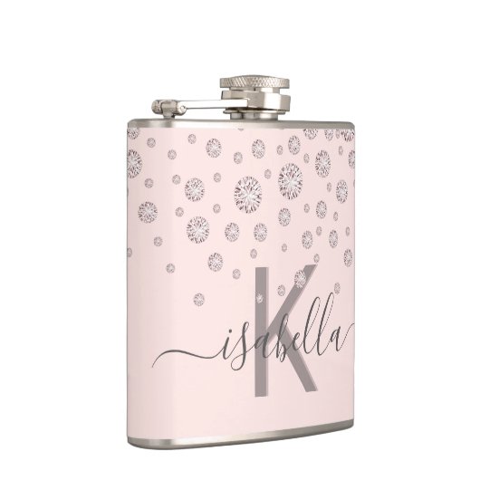 Rosa Diamanten Rose Gold Monogramm-Skript Flachmann (Rechts)