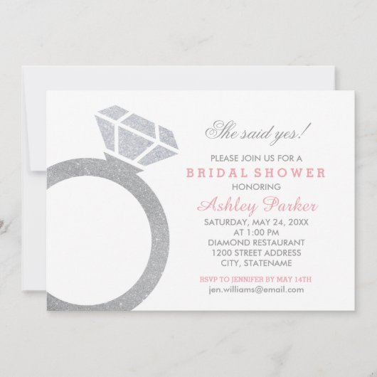 Rosa Diamantring Glitzer Hochzeitszitz Brautparty Einladung (Vorderseite)