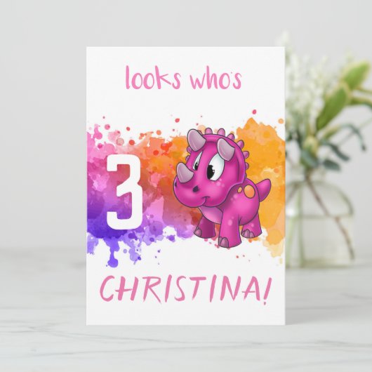 Rosa Dino Geburtstagskarte Karte (Stehend Vorderseite)