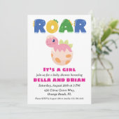 Rosa Dinosaurier-Babydusche Einladung (Stehend Vorderseite)