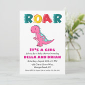 Rosa Dinosaurier-Babydusche Einladung (Stehend Vorderseite)