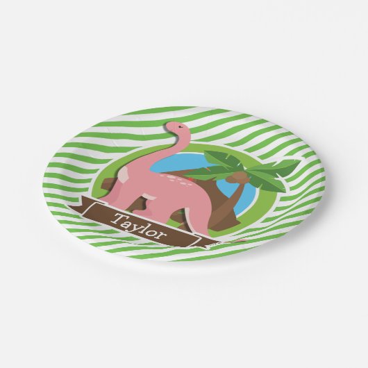 Rosa Dinosaurier, Dino; grüne und weiße Streifen Pappteller (Schrägansicht)