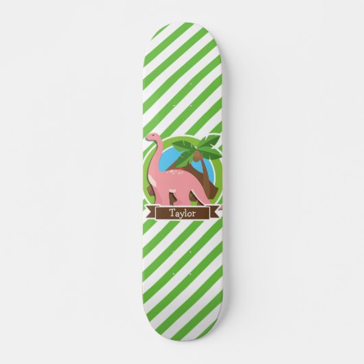 Rosa Dinosaurier, Dino; grüne und weiße Streifen Skateboard (Vorne)