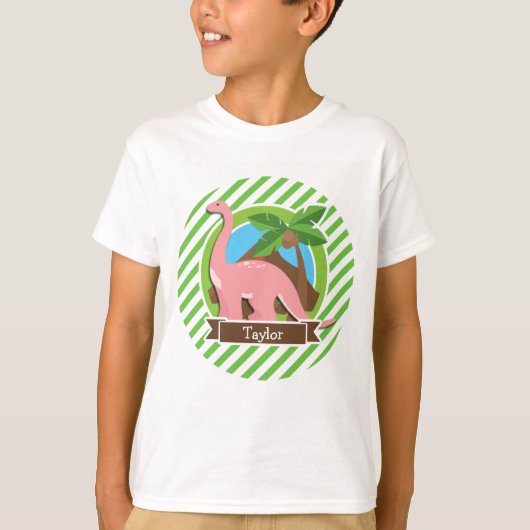 Rosa Dinosaurier, Dino; grüne und weiße Streifen T-Shirt (Vorderseite)