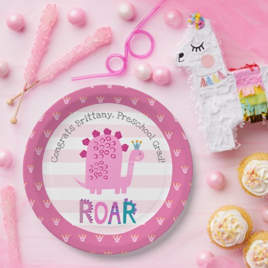 Rosa Dinosaurier Mädchen Vorschulabschluss Whimsic Pappteller (Party)