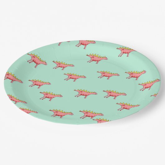 Rosa Dinosaurier-Muster auf blass blau Pappteller (Schrägansicht)