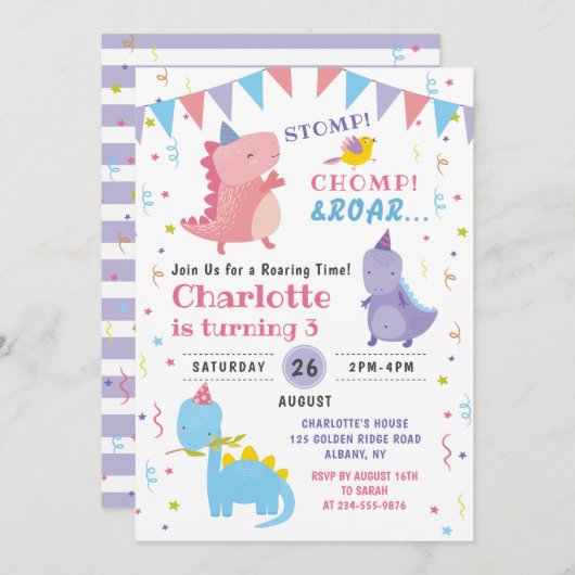 Rosa Dinosaurier Roar Birthday Girls Dino Party Einladung (Vorne/Hinten)