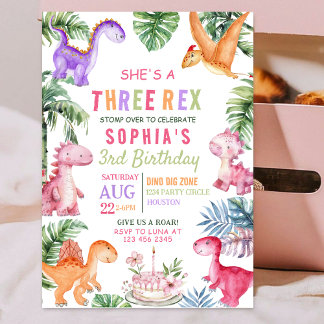 Rosa Dinosaurier Three Rex GIRL Geburtstag Einladung