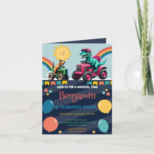 Rosa Dinosaurier Traktor Regenbogen Birthday Junge Einladung