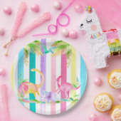 Rosa Dinosaurier und pastellfarbene Streifen Pappteller (Party)