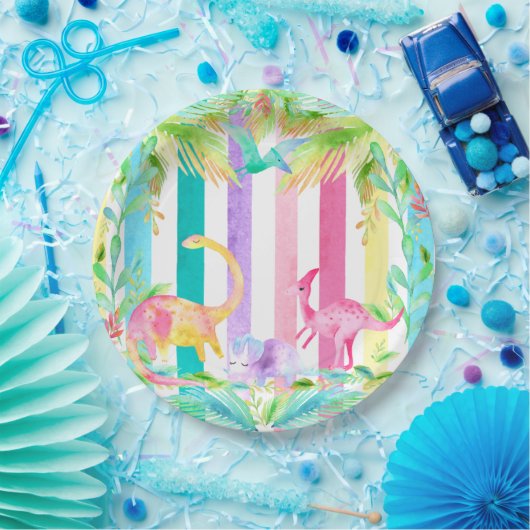 Rosa Dinosaurier und Pastellstreifen Papierplatte Pappteller (Party)