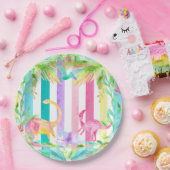 Rosa Dinosaurier und Pastellstreifen Papierplatte Pappteller (Party)