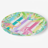 Rosa Dinosaurier und Pastellstreifen Papierplatte Pappteller (Schrägansicht)