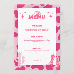 Rosa Disco-Cowgirl-Retro-Hochzeitsmenükarten Menükarte