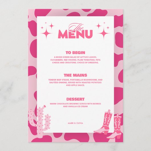Rosa Disco Cowgirl Retro Wedding Menu Cards Menükarte (Vorderseite)