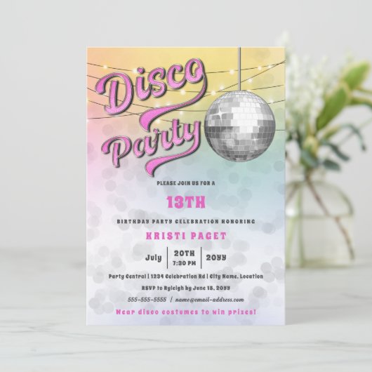 Rosa Disco Party Geburtstag Einladung (Stehend Vorderseite)