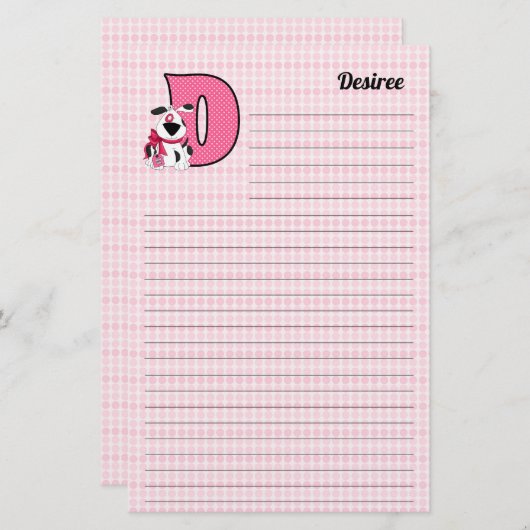 Rosa Dog Mongrammatierter Buchstabe D Lined Briefpapier (Vorne/Hinten)