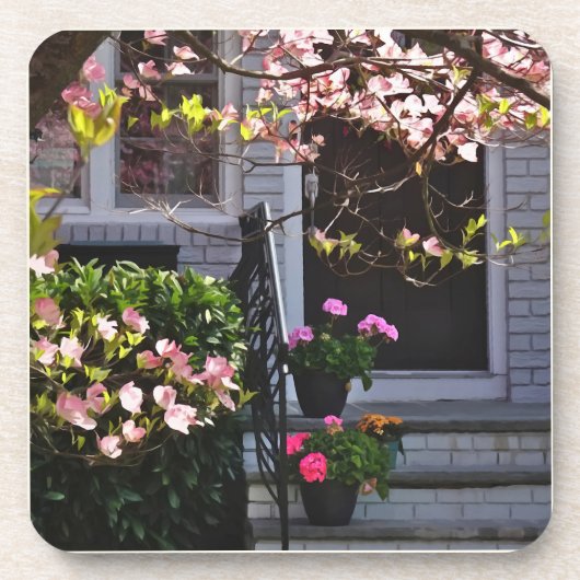 Rosa Dogwood und Pots of Geraniums Getränkeuntersetzer (Vorderseite)