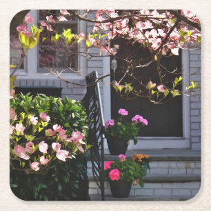 Rosa Dogwood und Pots of Geraniums Rechteckiger Pappuntersetzer