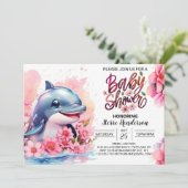 Rosa Dolphin Delight Girl Babydusche Einladung (Stehend Vorderseite)