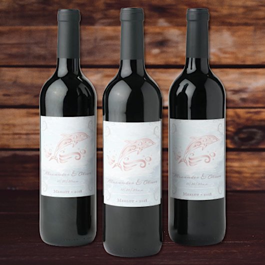 Rosa Dolphin Wedding Wine Label Weinetikett