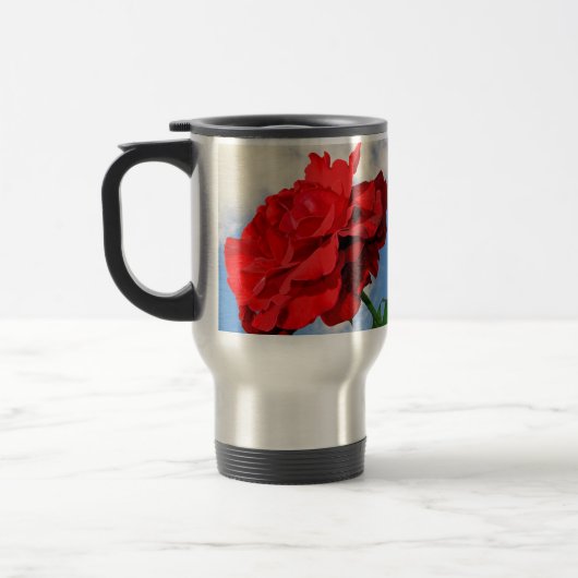 Rosa Don Juan mit einer blauen Himmelsblume-Tasse Reisebecher (Links)