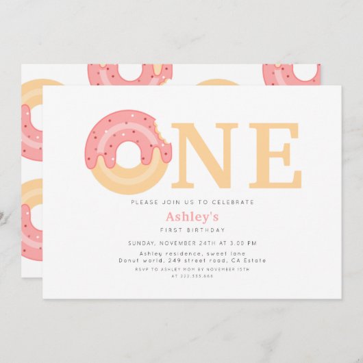 Rosa Donut 1. Geburtstag Einladung (Vorne/Hinten)