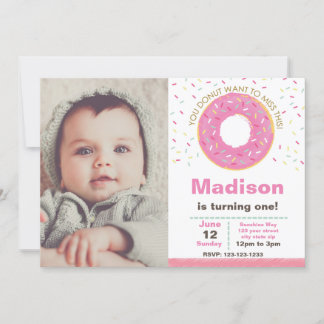 Rosa Donut Einladung zum Geburtstag mit Foto