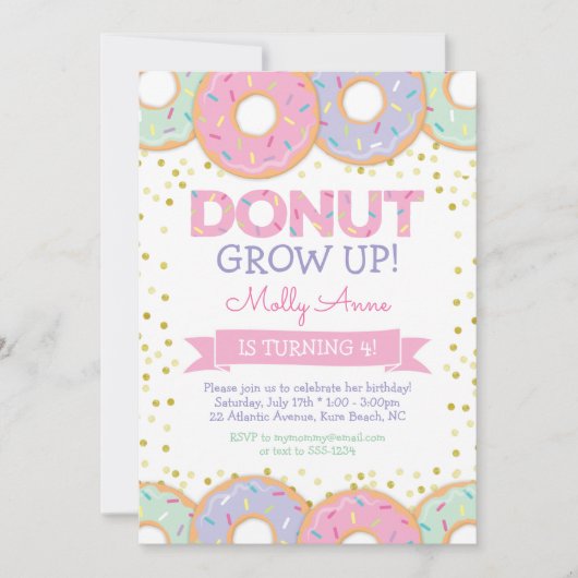 Rosa Donut Girl Geburtstag Einladung Gold Sprinkle (Vorderseite)