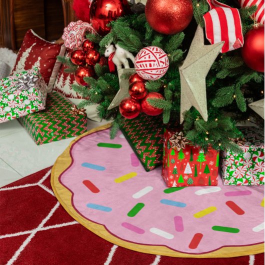 Rosa Donut mit farbenfrohen Sprinklen Polyester Weihnachtsbaumdecke