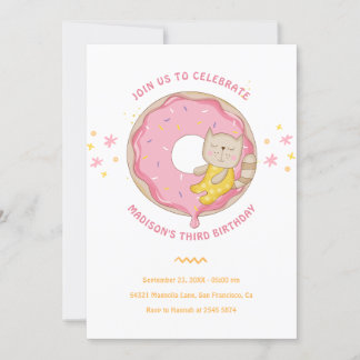 Rosa Donut mit Katze zum Geburtstag Einladung