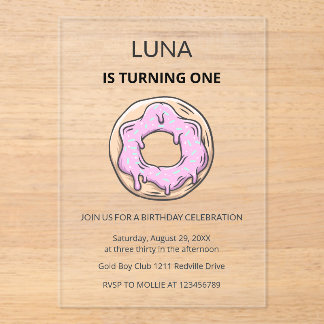 Rosa Donut Süßes Mädchen 1. Geburtstagsfeier Acryleinladungen