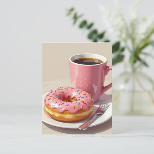Rosa Donut und Kaffee | Behalt in Touch Postkarte (Stehend Vorderseite)