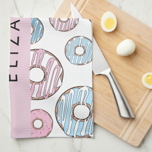 Rosa Donuts, blaue Donuts, Sprinklen, Ihr Name Geschirrtuch (Viertel Falte)