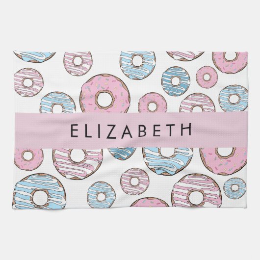 Rosa Donuts, blaue Donuts, Sprinklen, Ihr Name Geschirrtuch (Horizontal)