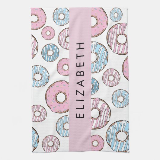 Rosa Donuts, blaue Donuts, Sprinklen, Ihr Name Geschirrtuch (Vertikal)
