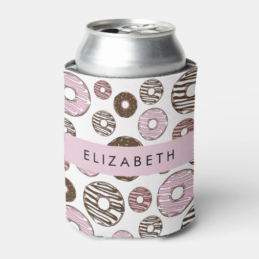 Rosa Donuts, braune Donuts, Sprinklen, Ihr Name Dosenkühler (Kanne Vorderseite)