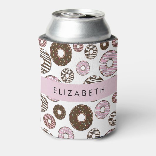Rosa Donuts, braune Donuts, Sprinklen, Ihr Name Dosenkühler (Kanne Rückseite)